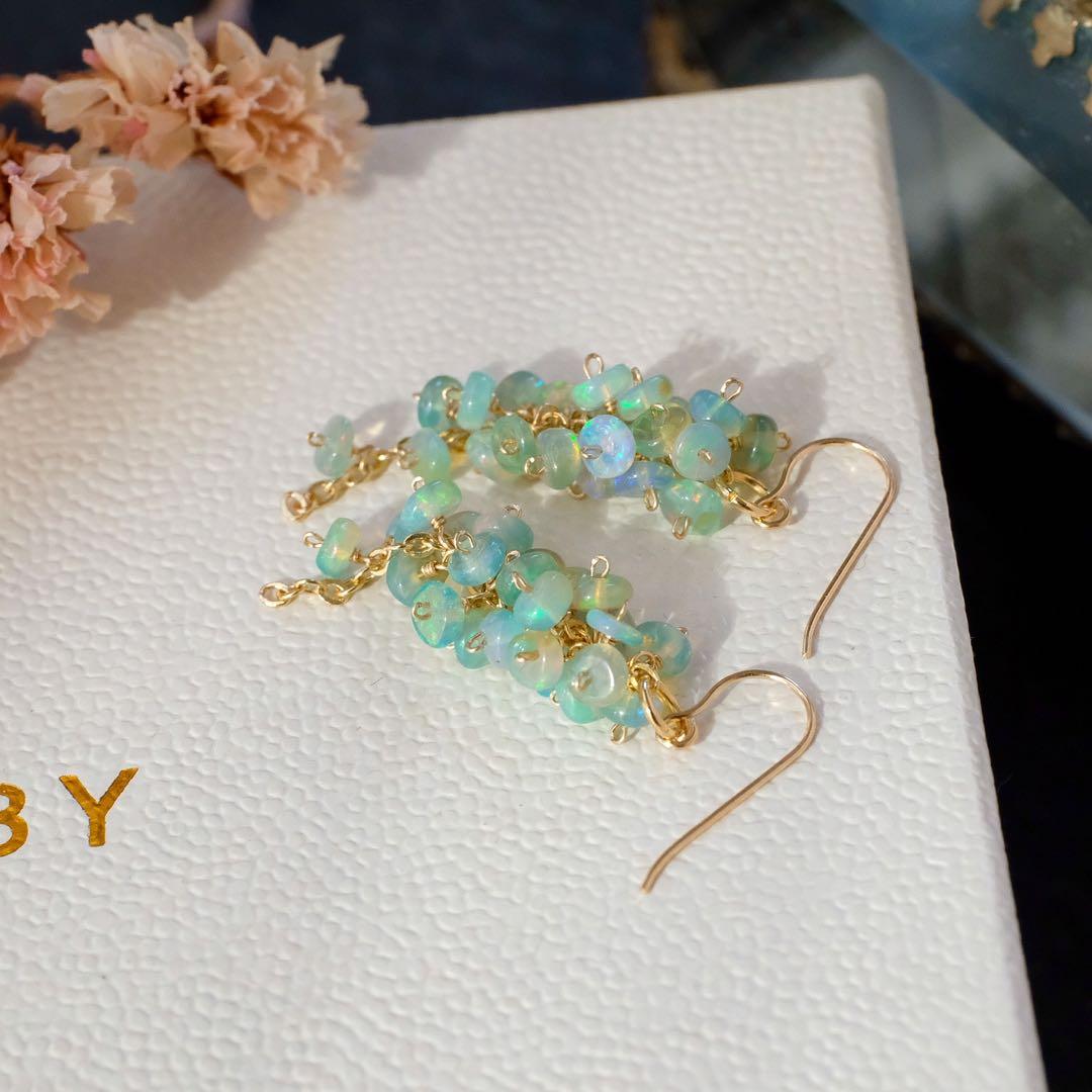 14kgfグリーンカラーオパールロンデルショートピアス/イヤリング