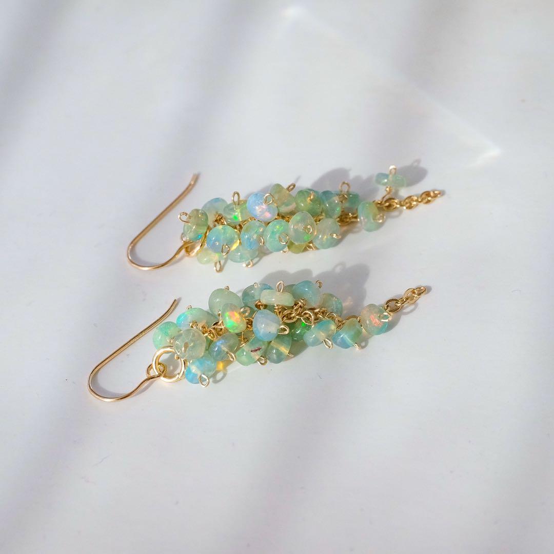 14kgfグリーンカラーオパールロンデルショートピアス/イヤリング