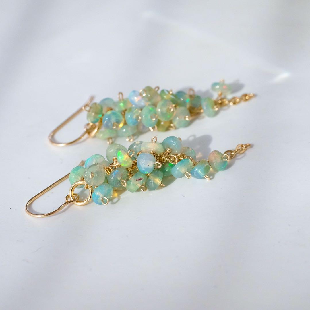 14kgfグリーンカラーオパールロンデルショートピアス/イヤリング