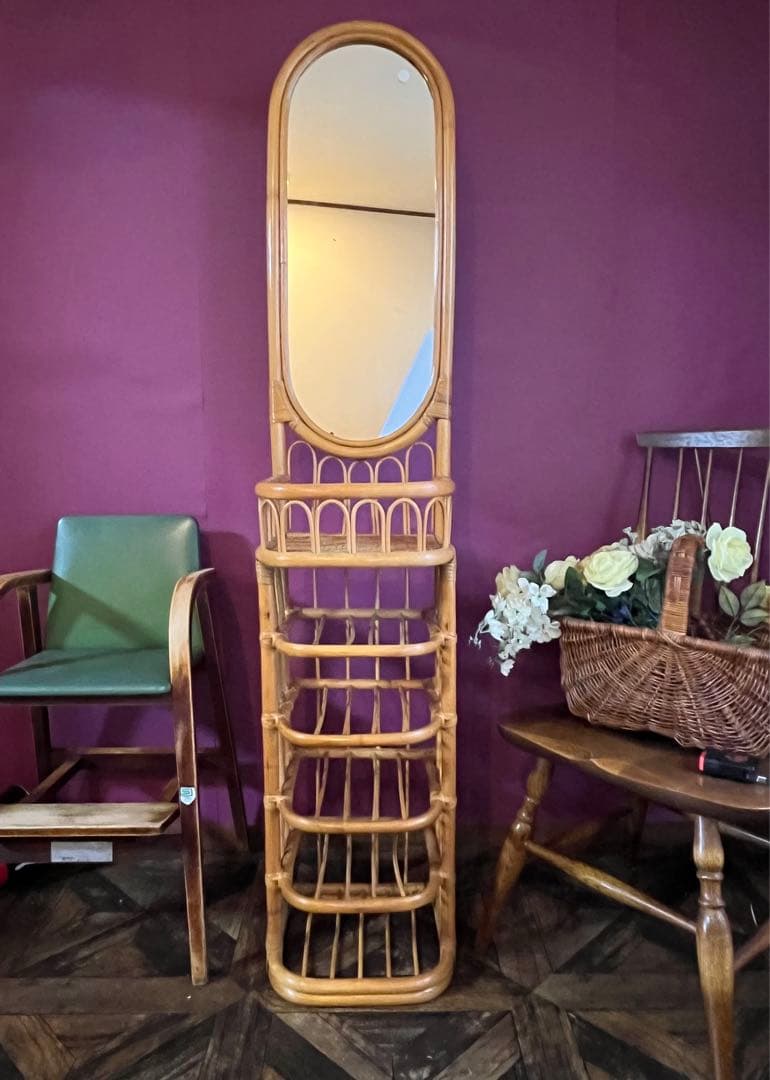 スリッパラック 鏡 ミラー 玄関 籐 ラタン かご インテリア 昭和レトロ