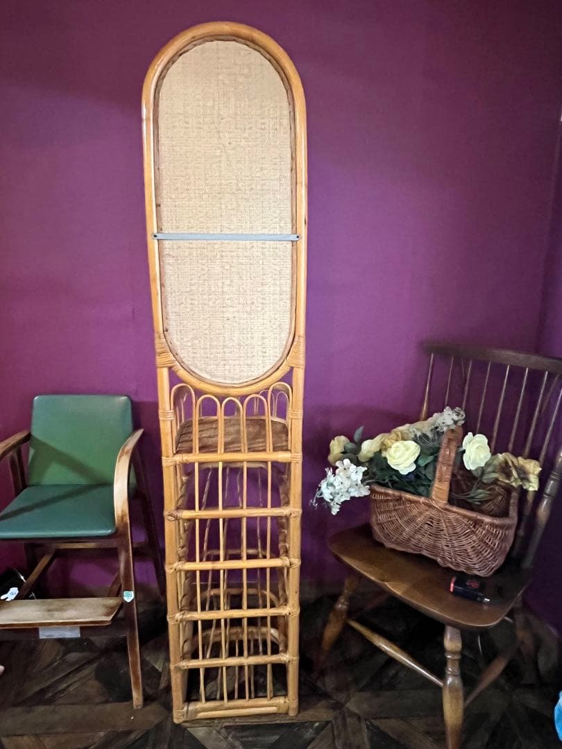 スリッパラック 鏡 ミラー 玄関 籐 ラタン かご インテリア 昭和レトロ