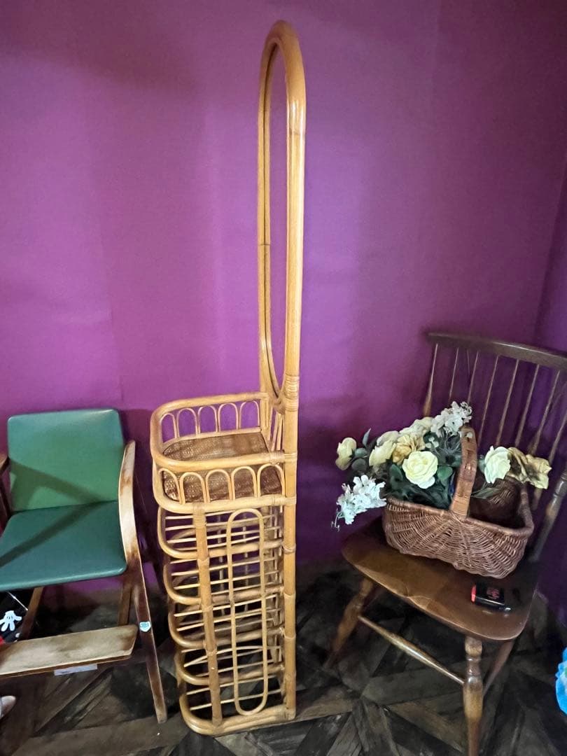 スリッパラック 鏡 ミラー 玄関 籐 ラタン かご インテリア 昭和レトロ