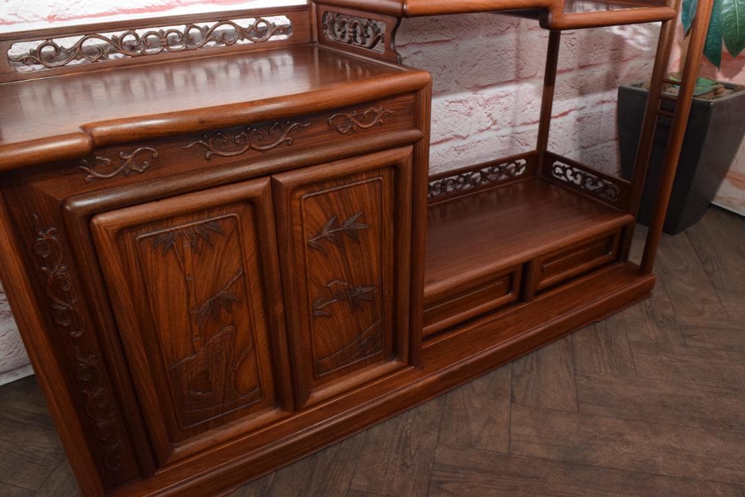 中澤唐木(大阪唐木) 総紫檀 茶棚 梅鶯紋 日本伝統工芸士 伊藤晁次 作