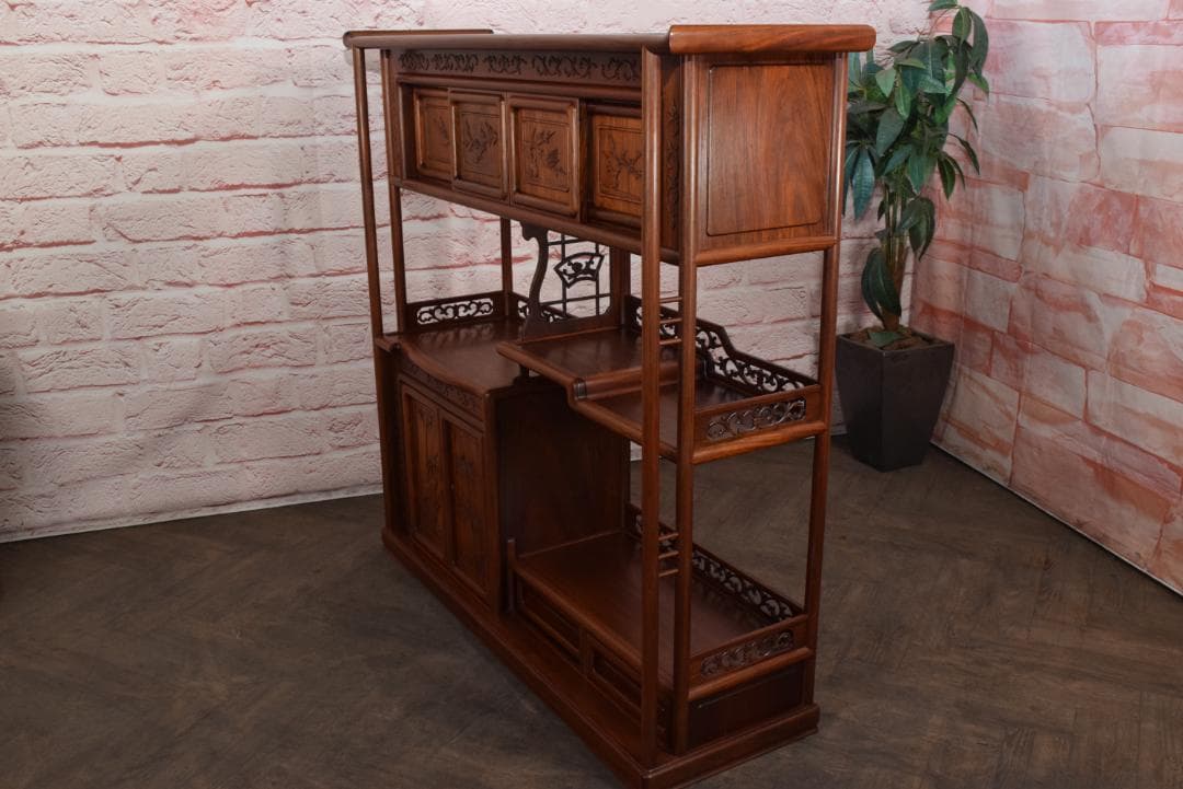 中澤唐木(大阪唐木) 総紫檀 茶棚 梅鶯紋 日本伝統工芸士 伊藤晁次 作