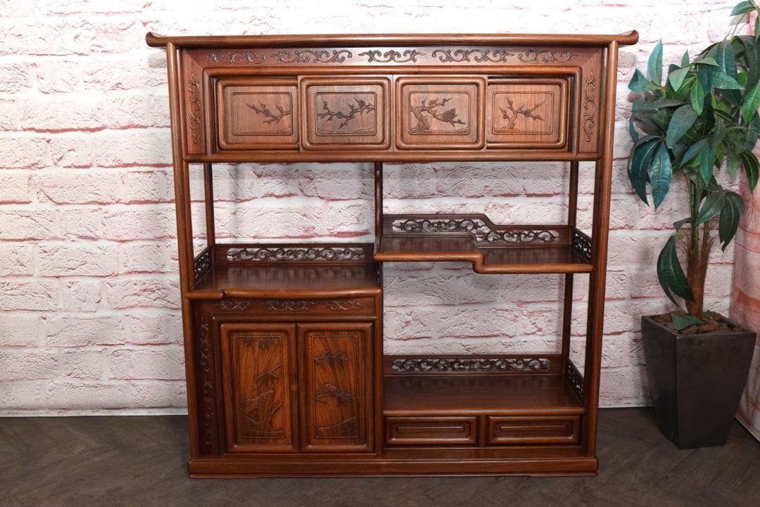 中澤唐木(大阪唐木) 総紫檀 茶棚 梅鶯紋 日本伝統工芸士 伊藤晁次 作