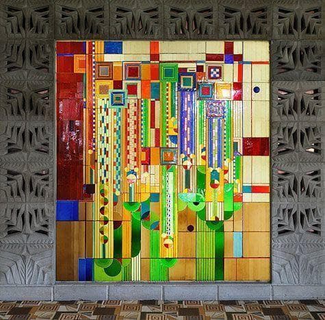 フランク・ロイド・ライト ヴィンテージステンドグラス 大型木製フレーム アリゾナ