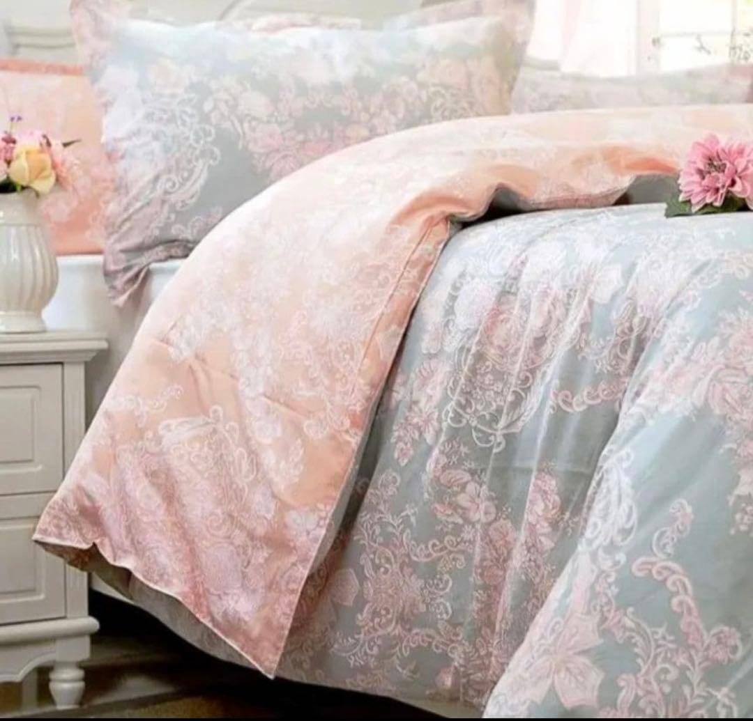 新品未使用★エレガントなグレー＆ピンクダマスクスローズ柄ダブル掛け布団と枕カバー