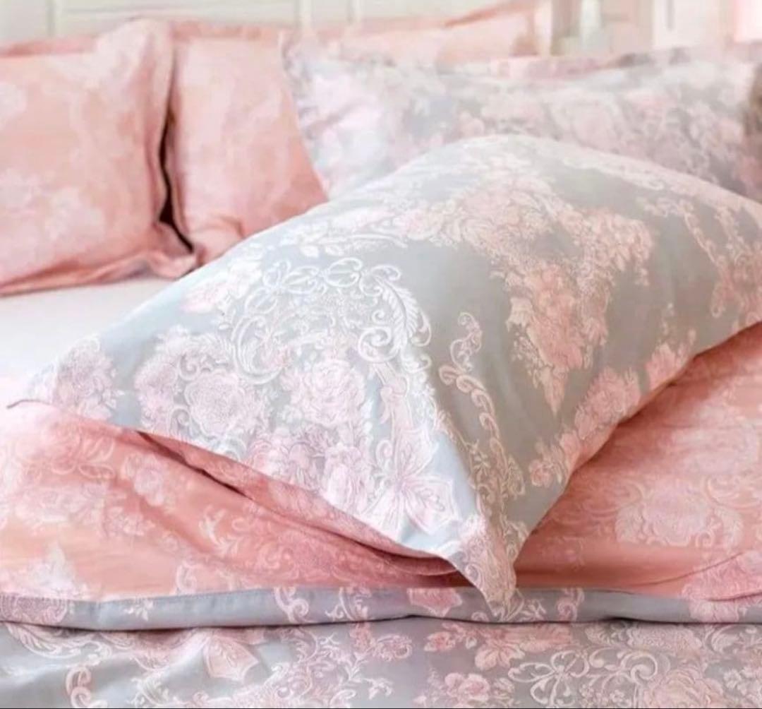 新品未使用★エレガントなグレー＆ピンクダマスクスローズ柄ダブル掛け布団と枕カバー