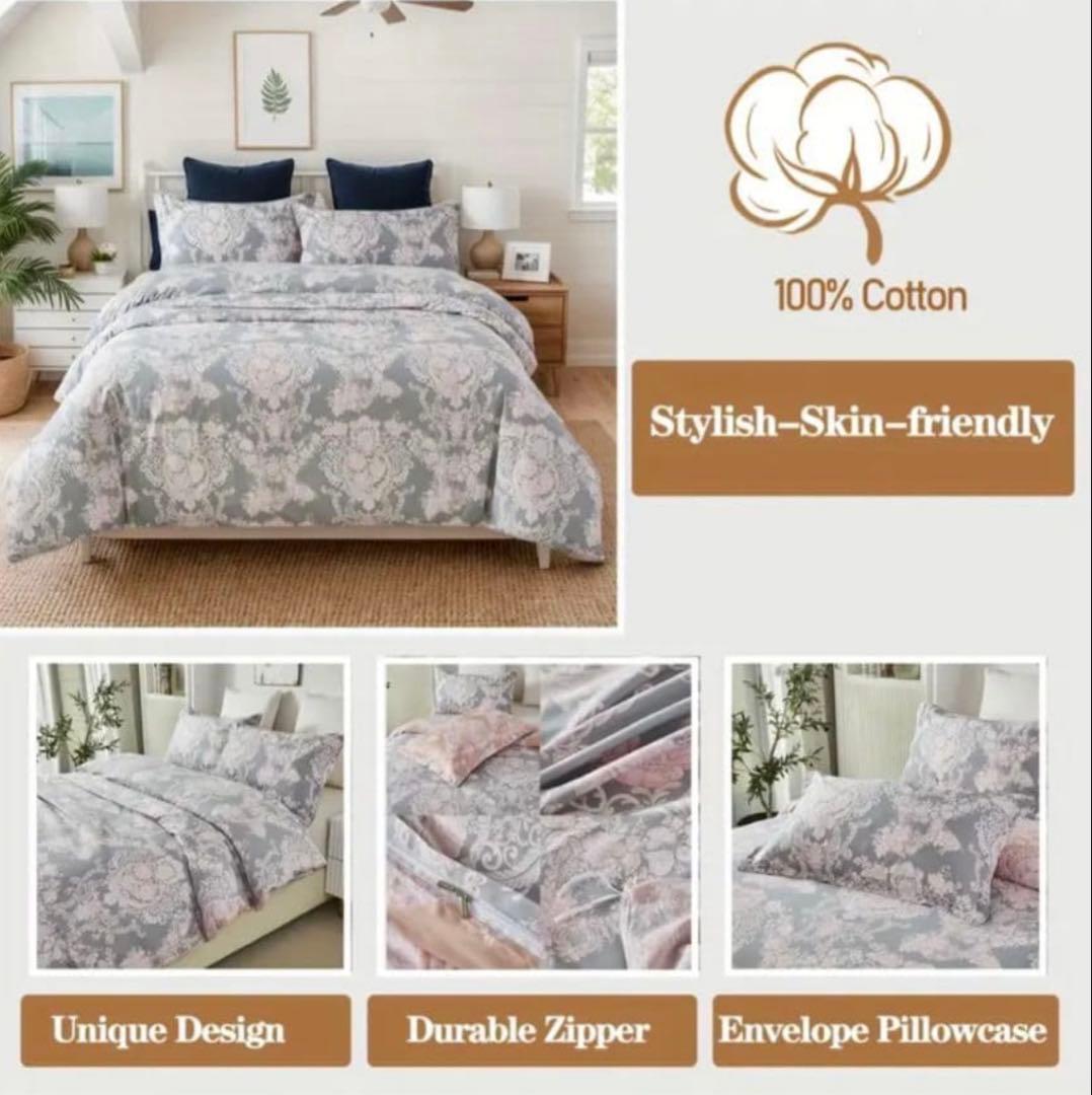 新品未使用★エレガントなグレー＆ピンクダマスクスローズ柄ダブル掛け布団と枕カバー