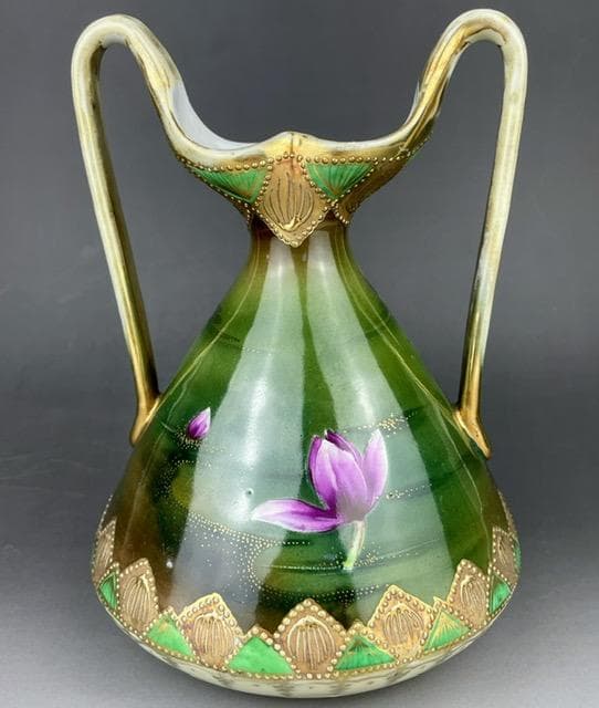 希少】 オールドニッポン 20.3㎝ 水連図 両耳花瓶 金盛り 緑 グリーン