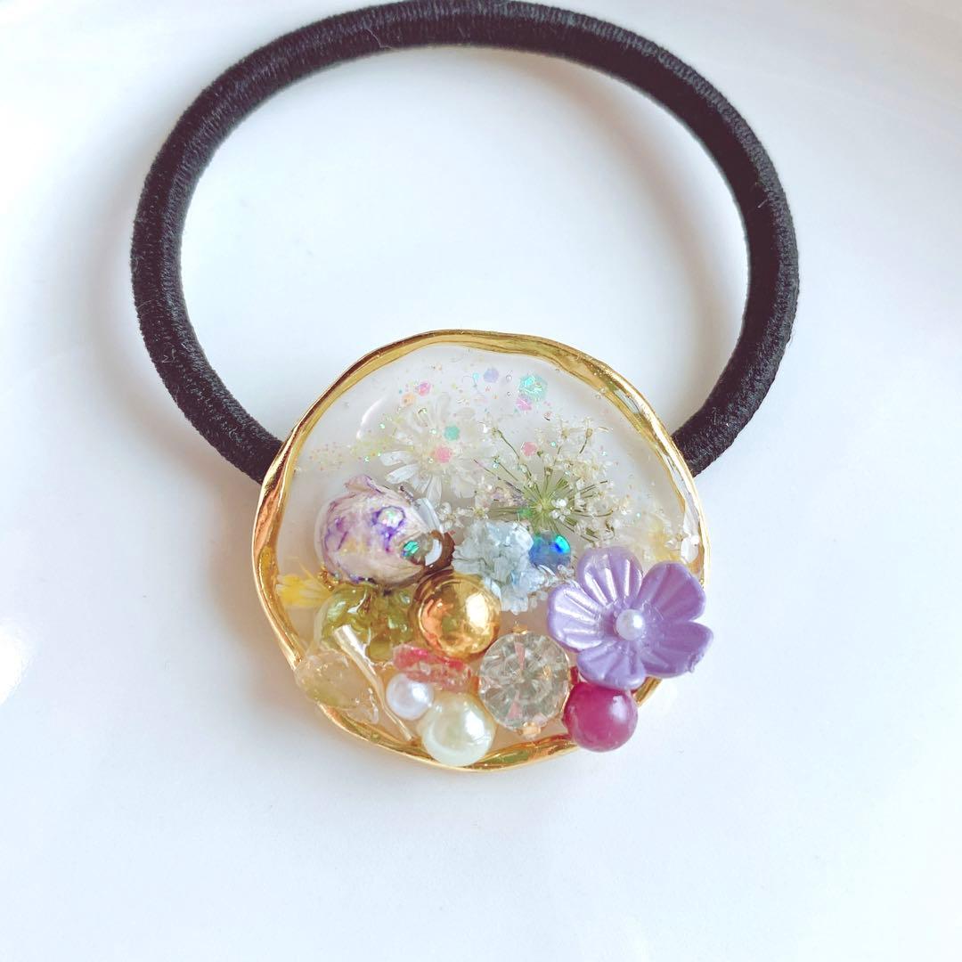 レジンヘアゴム　パープル　ビジュー　バラ　企画6