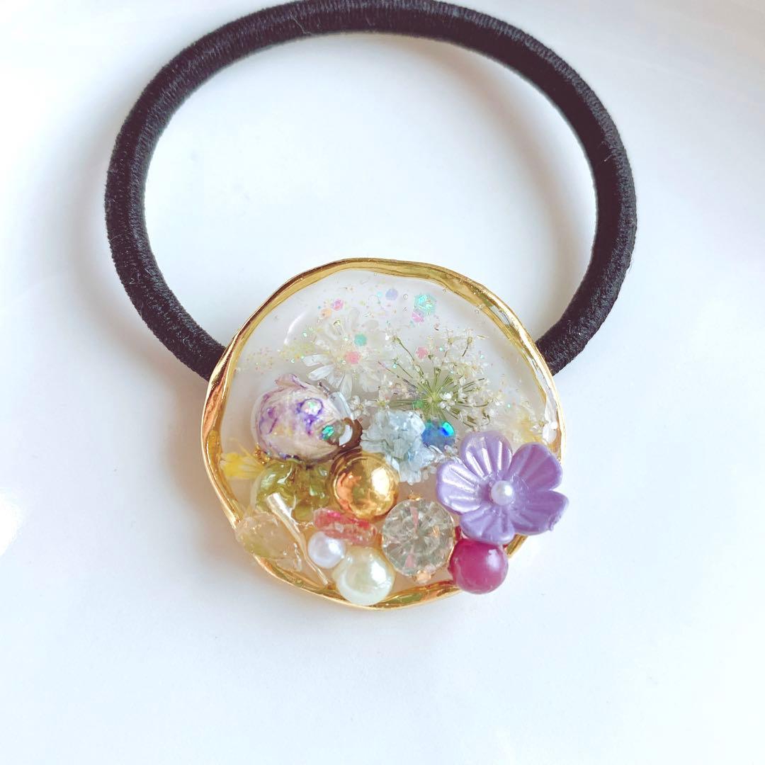 レジンヘアゴム　パープル　ビジュー　バラ　企画6