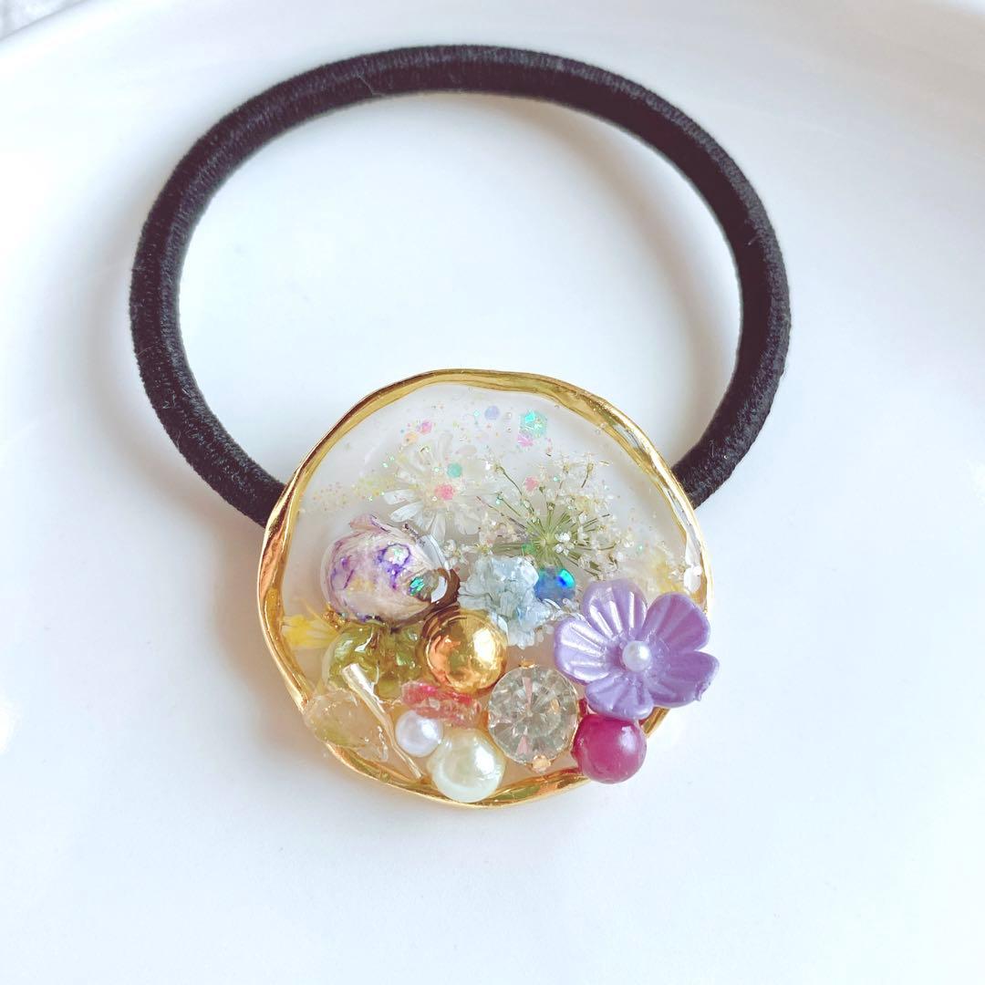 レジンヘアゴム　パープル　ビジュー　バラ　企画6