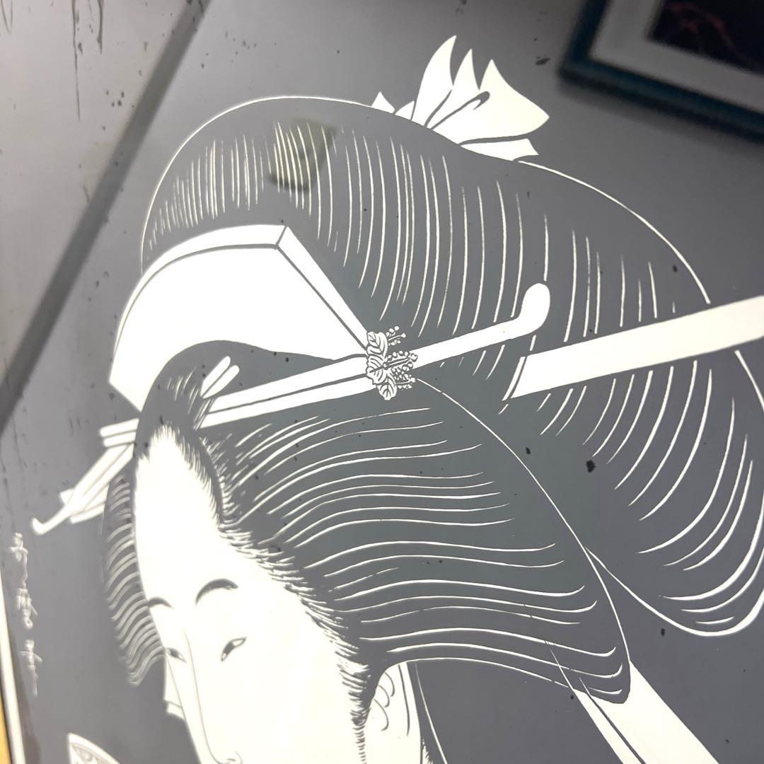 喜多川歌麿 パブミラー 浮世絵 女性と茶碗 金属製フレーム 鏡 壁掛け