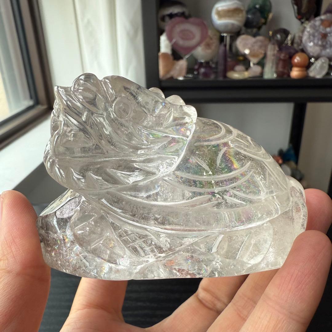 天然石水晶のロングイ　置物　虹ありNO.091703