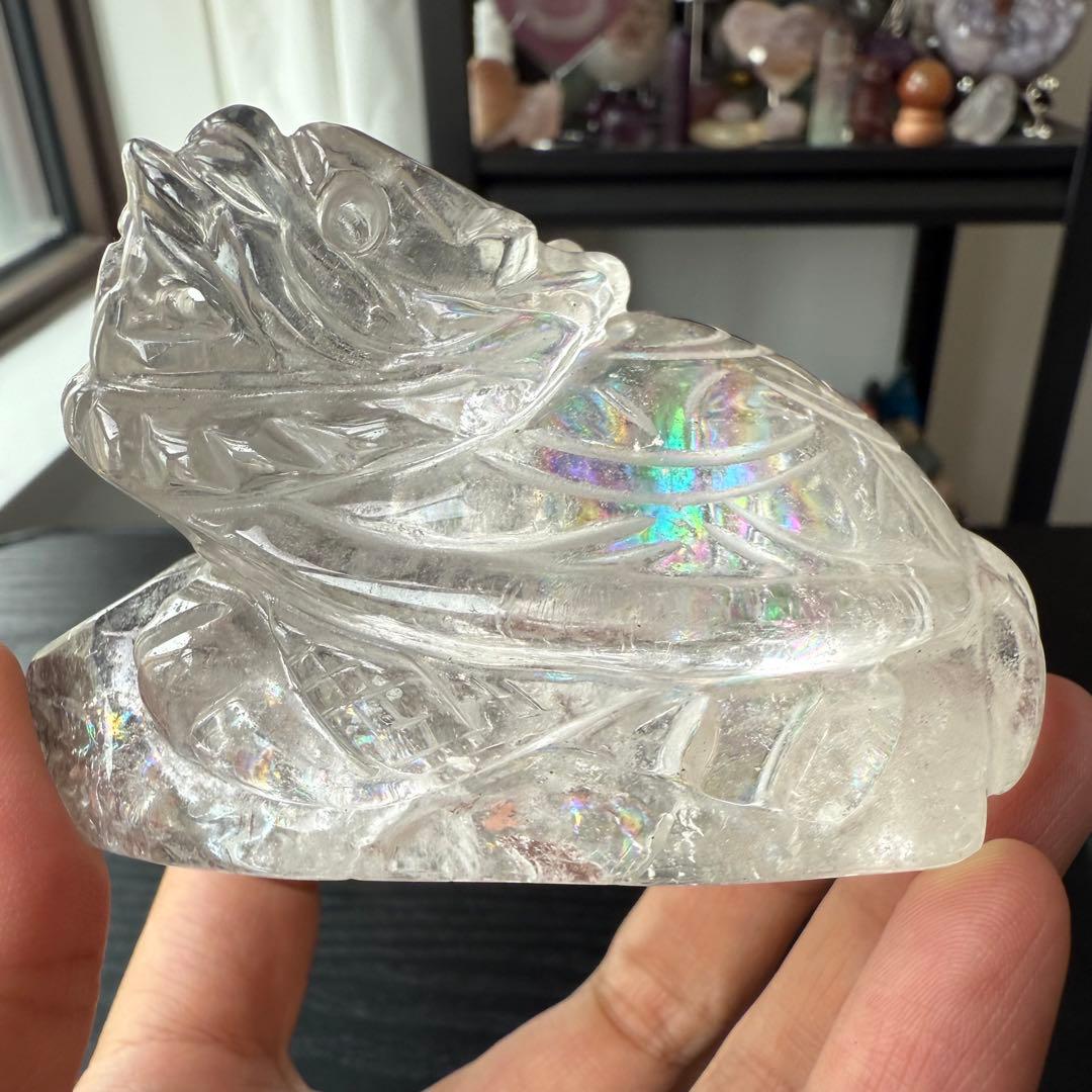天然石水晶のロングイ　置物　虹ありNO.091703