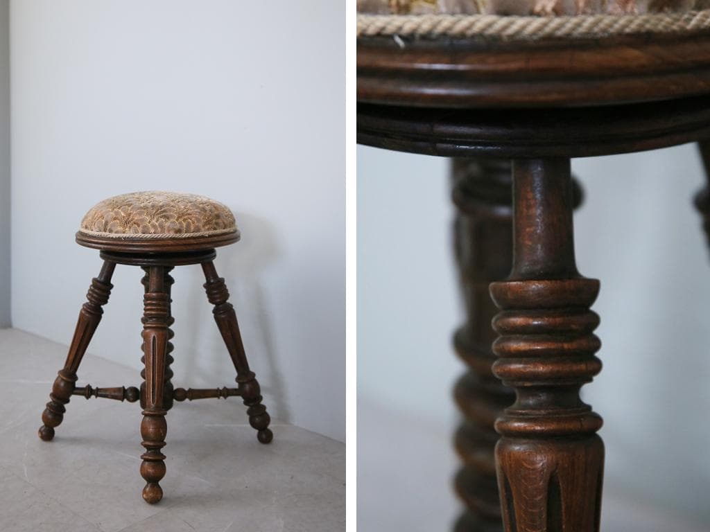 フランスアンティーク古木ピアノスツール/木製チェア/演奏用回転イス(92-78)