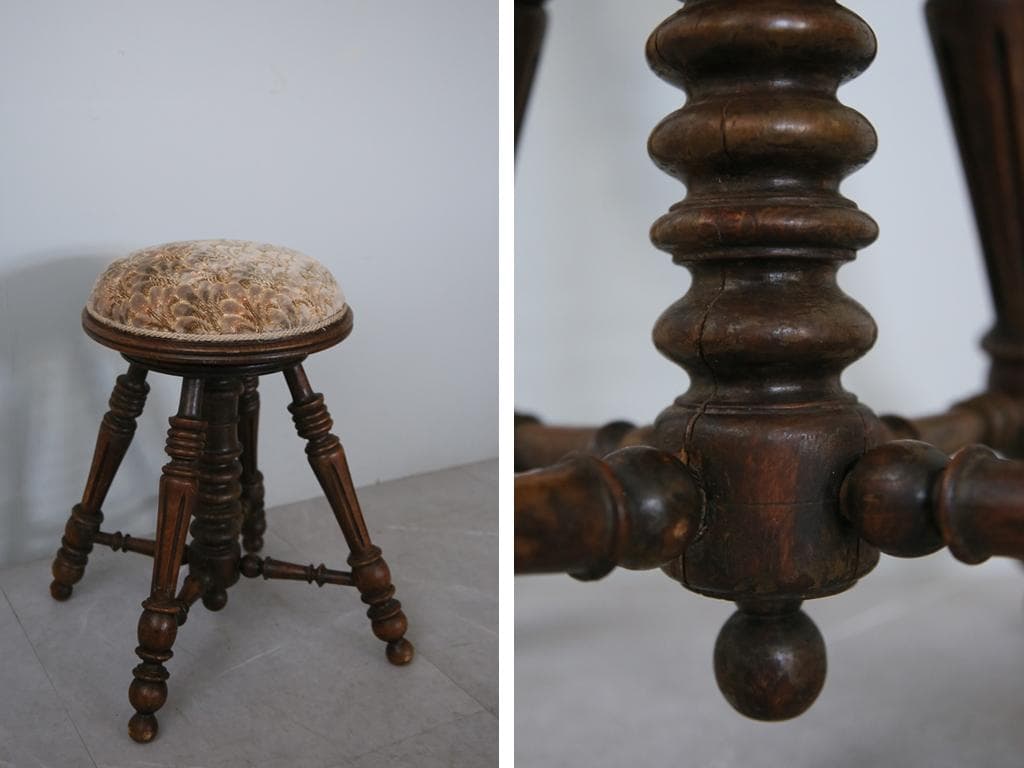 フランスアンティーク古木ピアノスツール/木製チェア/演奏用回転イス(92-78)