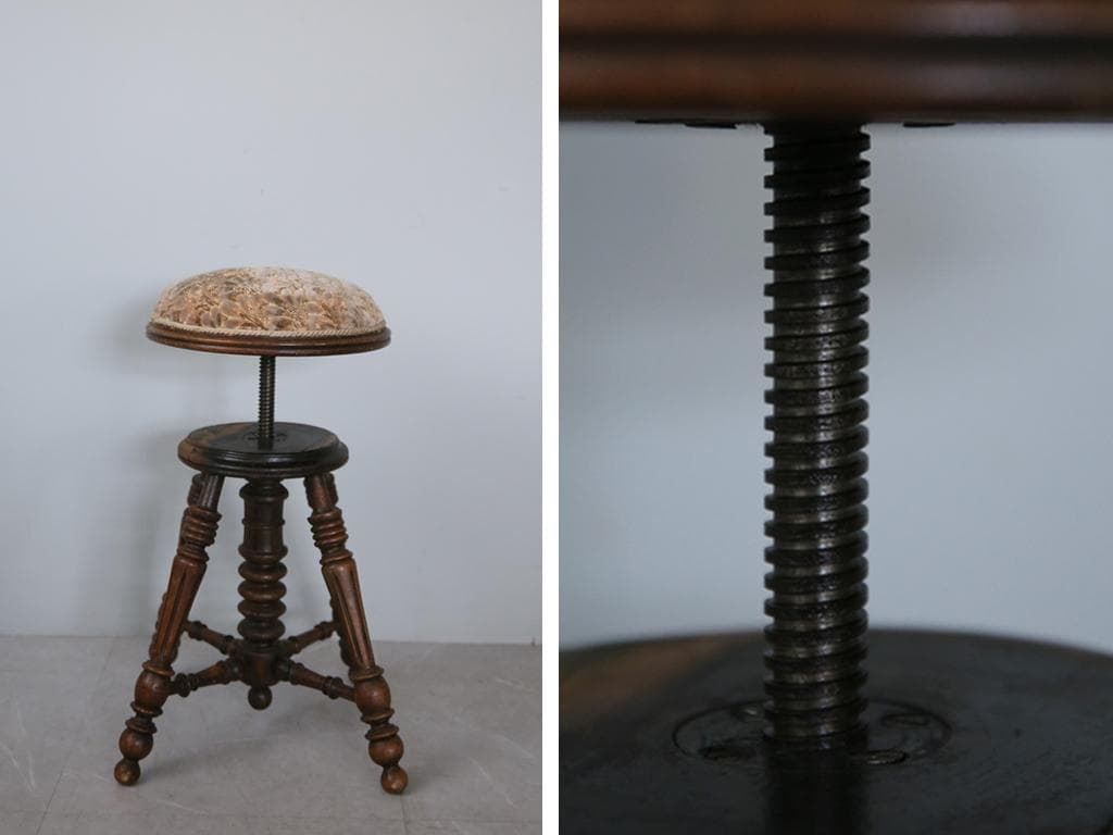 フランスアンティーク古木ピアノスツール/木製チェア/演奏用回転イス(92-78)