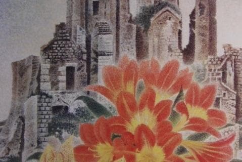 岡鹿之助、【花と廃墟】、希少な大判額装用画集より、美品、日本人画家