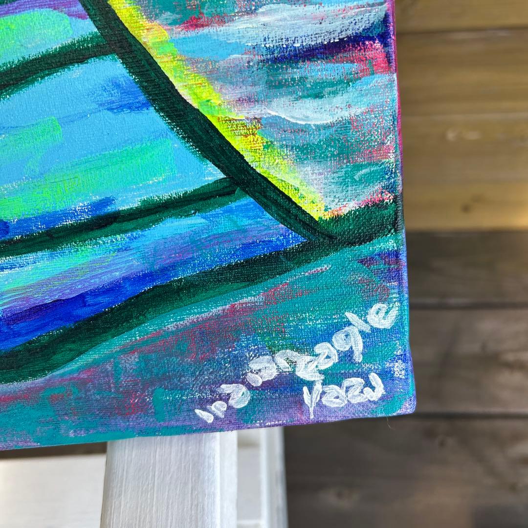 カラフルな太陽とヤシの木の絵画　ハッピーアート