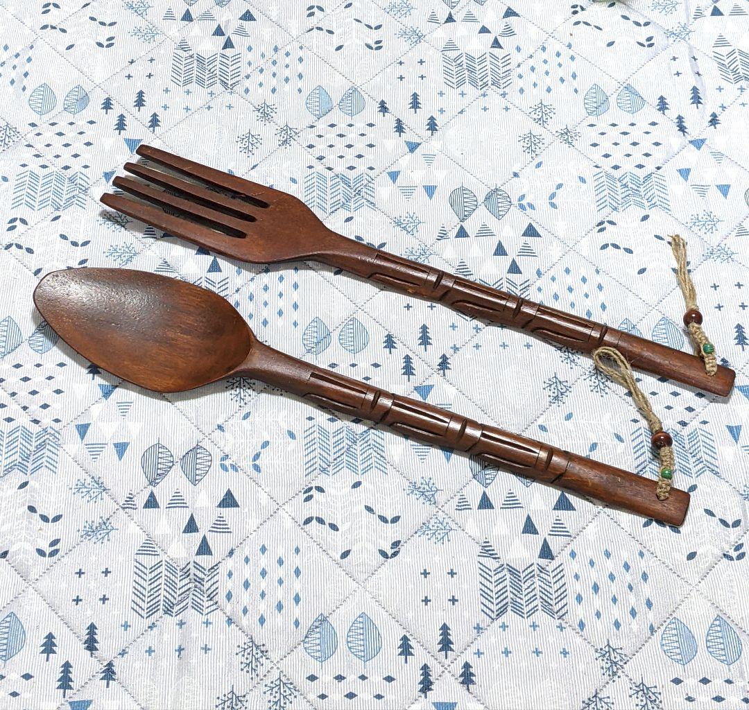古民具】木製巨大スプーン フォーク 飲食店 ディスプレイ 壁飾り