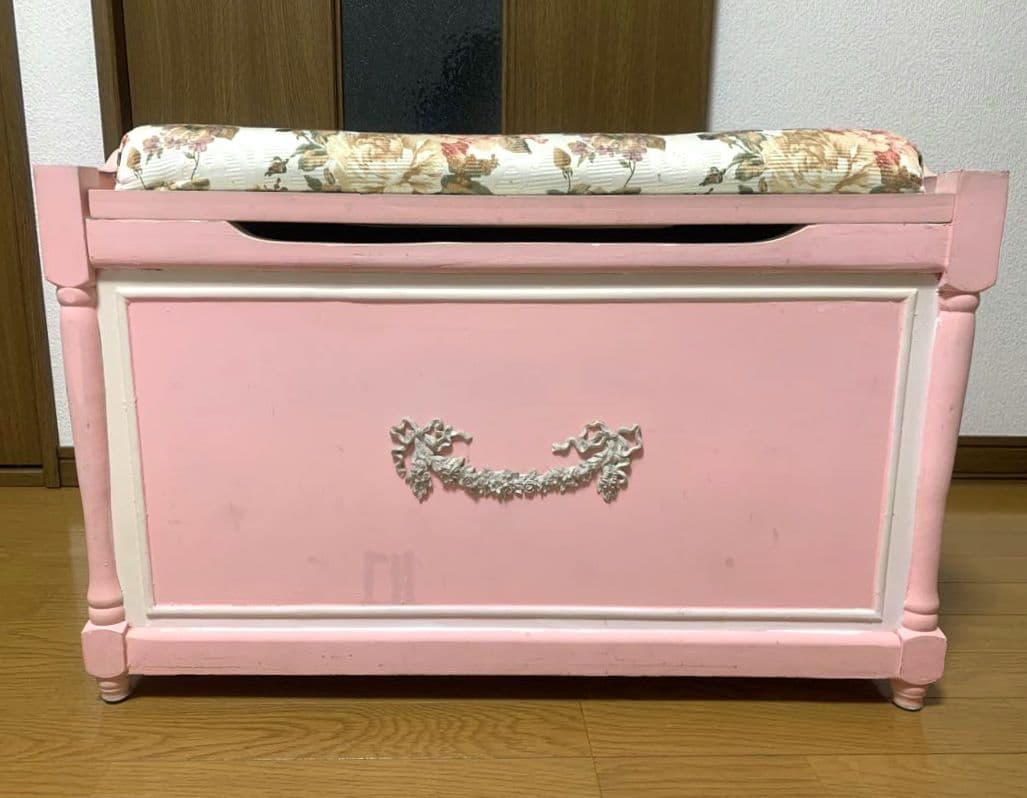 【収納BOX】椅子/ピンク/白/花柄/家具/収納スツール/ケース/ベンチ