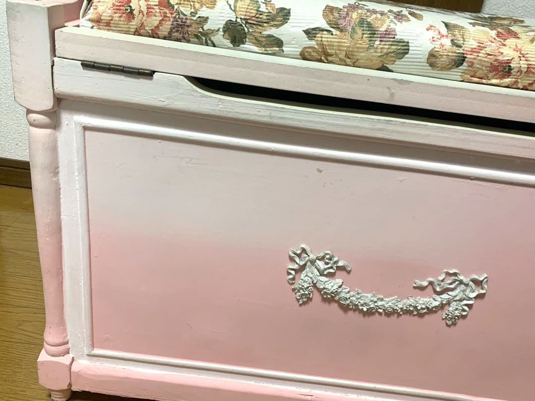 【収納BOX】椅子/ピンク/白/花柄/家具/収納スツール/ケース/ベンチ