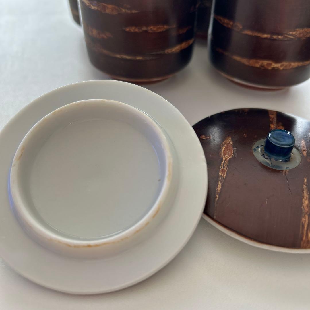 秋田伝統工芸 樺細工 蓋付き湯呑み 4客セット｜藍絵入り｜来客用】の