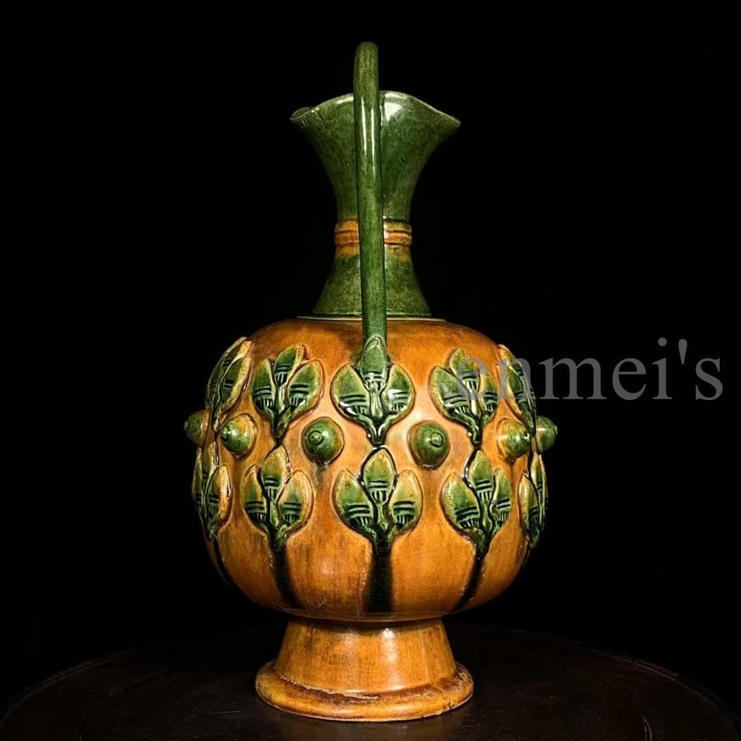 中国古美術 【唐三彩】 陶器製 花卉彫刻 植物文様 彫刻細工 壺 花器 古陶磁