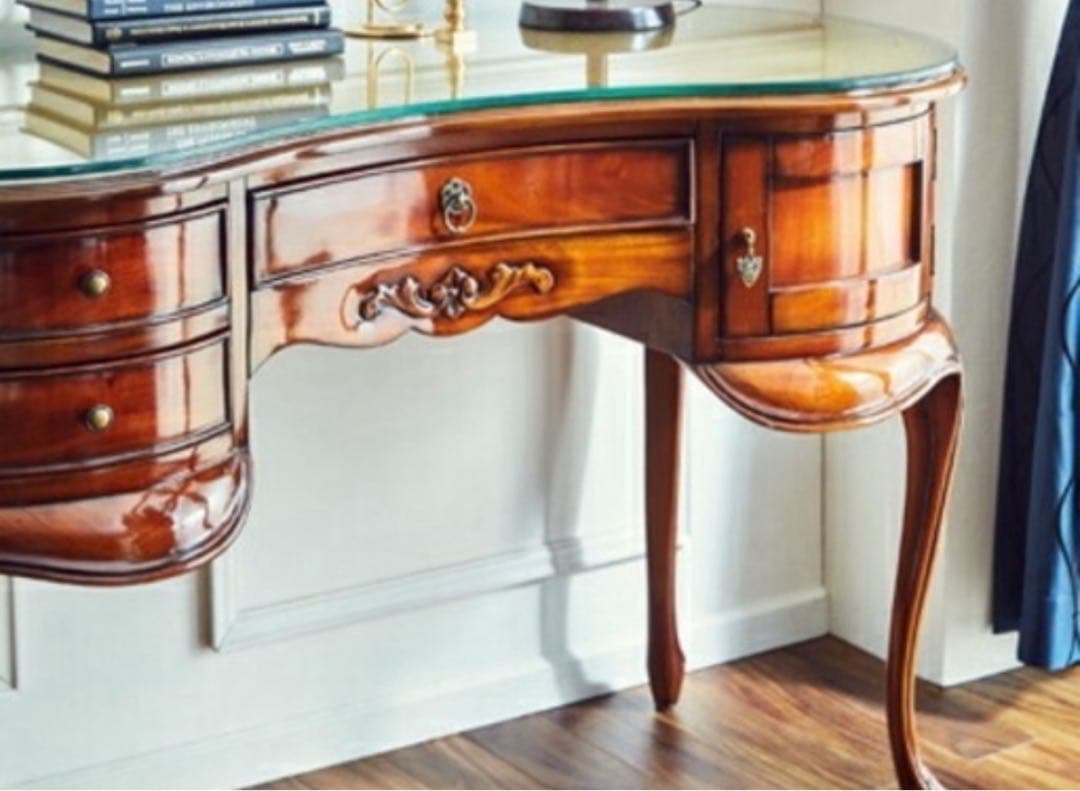 アンティーク風　ダークブラウン 木製デスク 曲線デザイン　プレジデントデスク