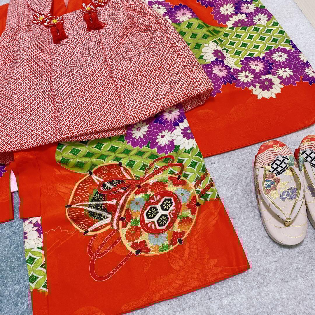 七五三 3歳 アンティーク 着物 被布 バッグ 草履 髪飾り セット