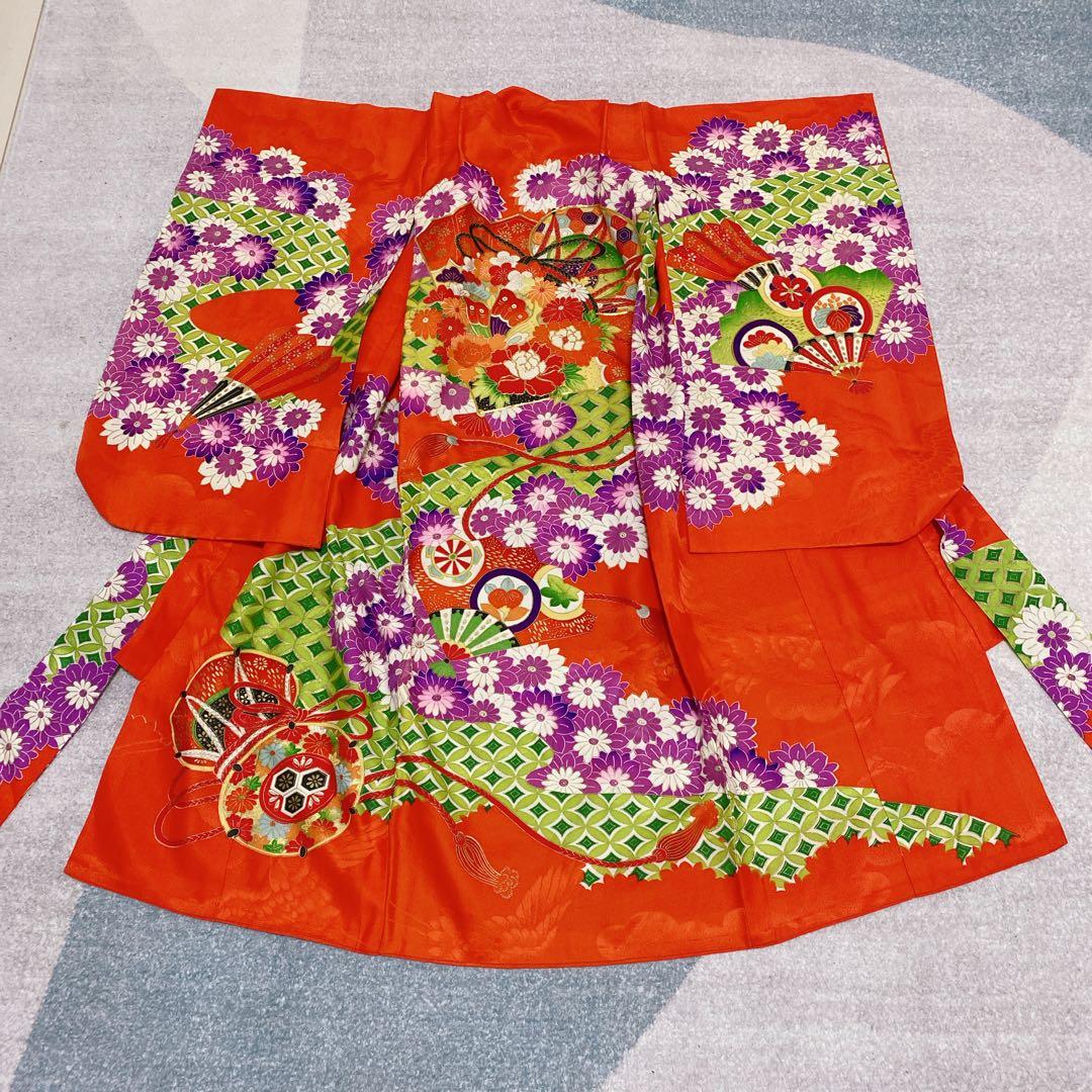 七五三 3歳 アンティーク 着物 被布 バッグ 草履 髪飾り セット