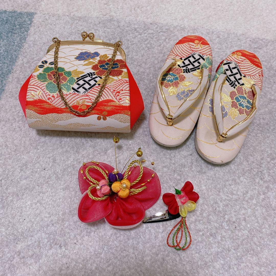 七五三 3歳 アンティーク 着物 被布 バッグ 草履 髪飾り セット