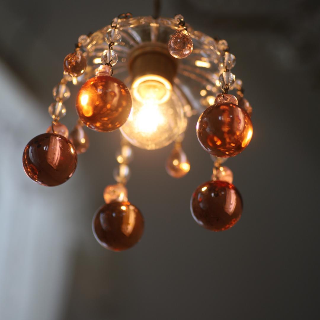 フランスアンティーク ピンク大粒ガラスドロップ ミニシャンデリアシェード/ランプ