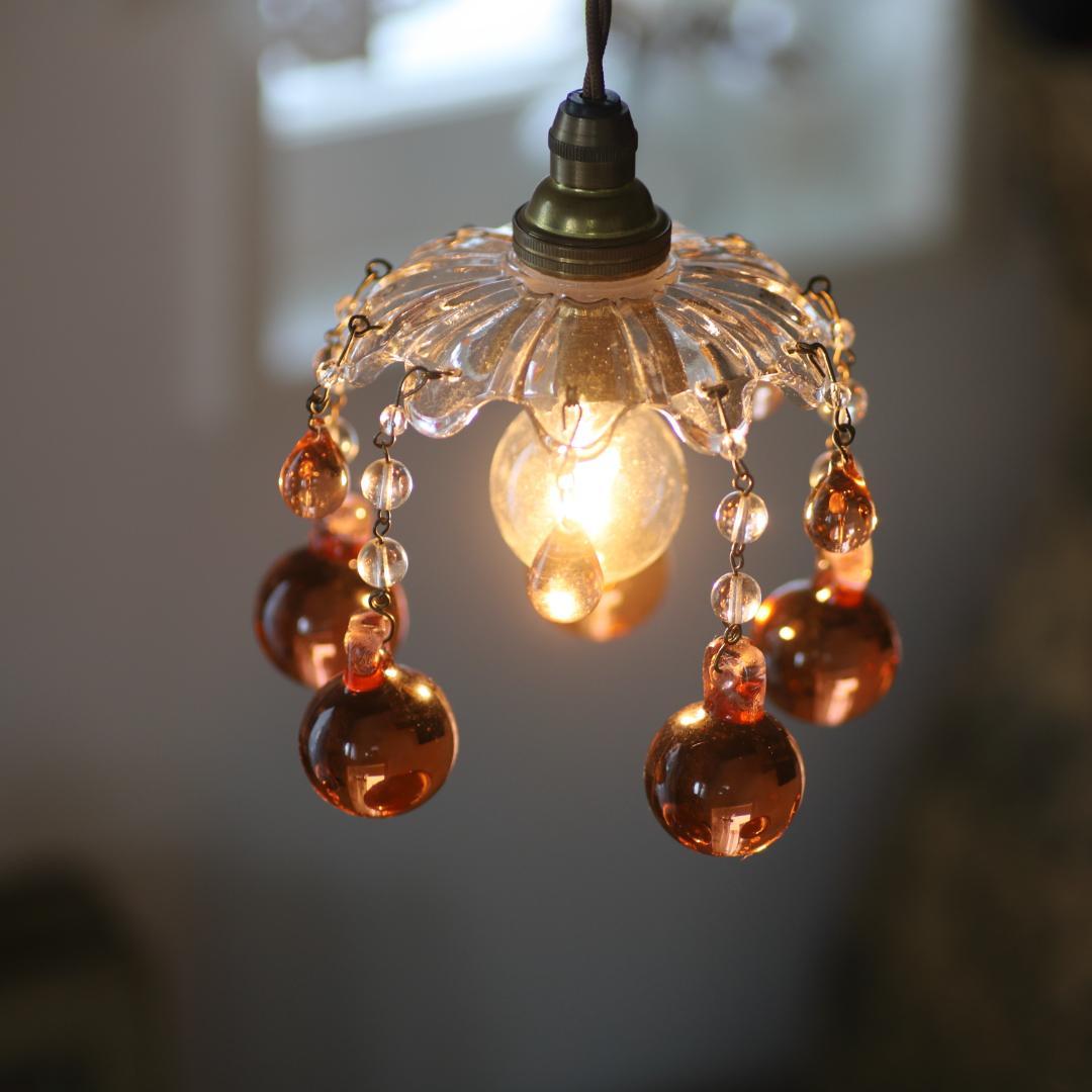 フランスアンティーク ピンク大粒ガラスドロップ ミニシャンデリアシェード/ランプ