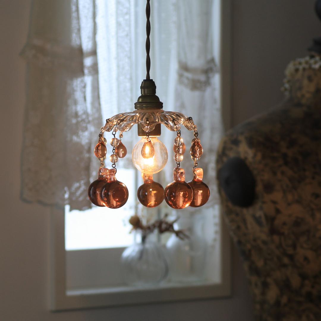 フランスアンティーク ピンク大粒ガラスドロップ ミニシャンデリアシェード/ランプ