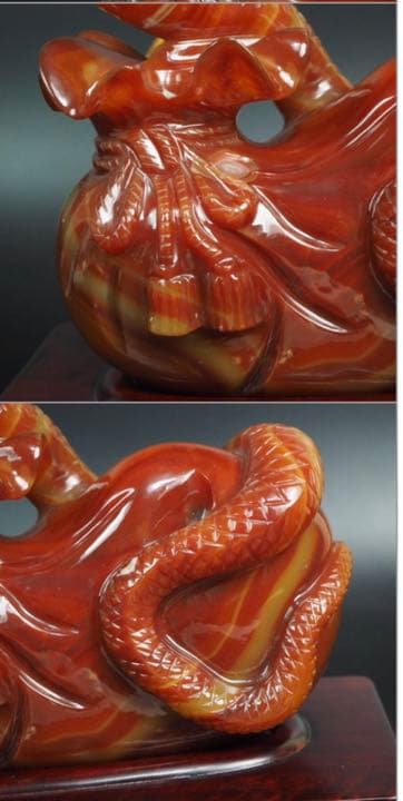 送料無料　名工土橋正市作　極上瑪瑙彫刻蛇置物 共箱・作歴・証明書　金運縁起物