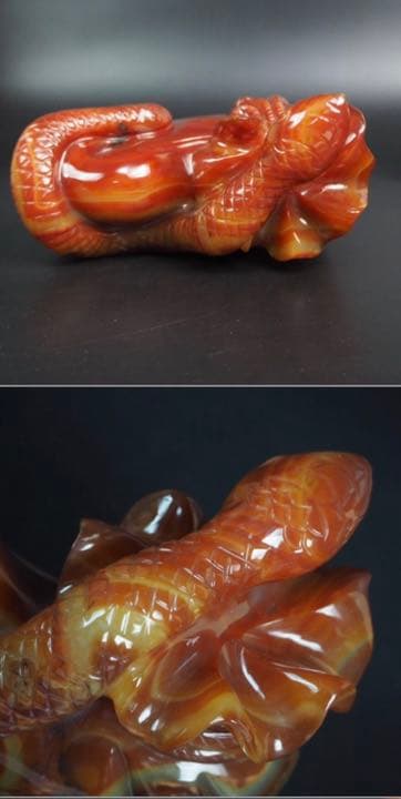 送料無料　名工土橋正市作　極上瑪瑙彫刻蛇置物 共箱・作歴・証明書　金運縁起物