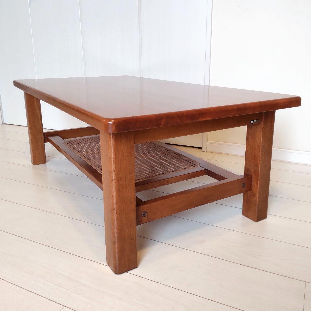 オールドカリモ゙ク　ヴィンテージ　ラタン　棚付き　無垢材　天然木　ローテーブル