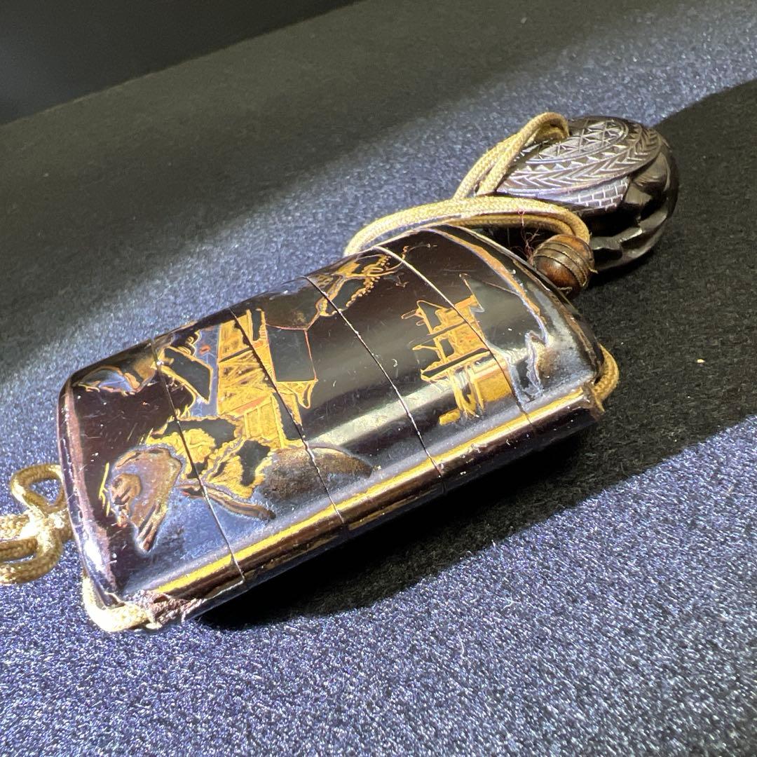 江戸時代 蒔絵木彫五段印籠、透彫木彫根付 43g 東Y8-0109☆2Fタルチ