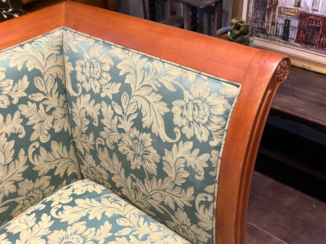 ① クラシック 3人掛けソファ 3Pソファ 花柄 グリーン ビンテージ nY