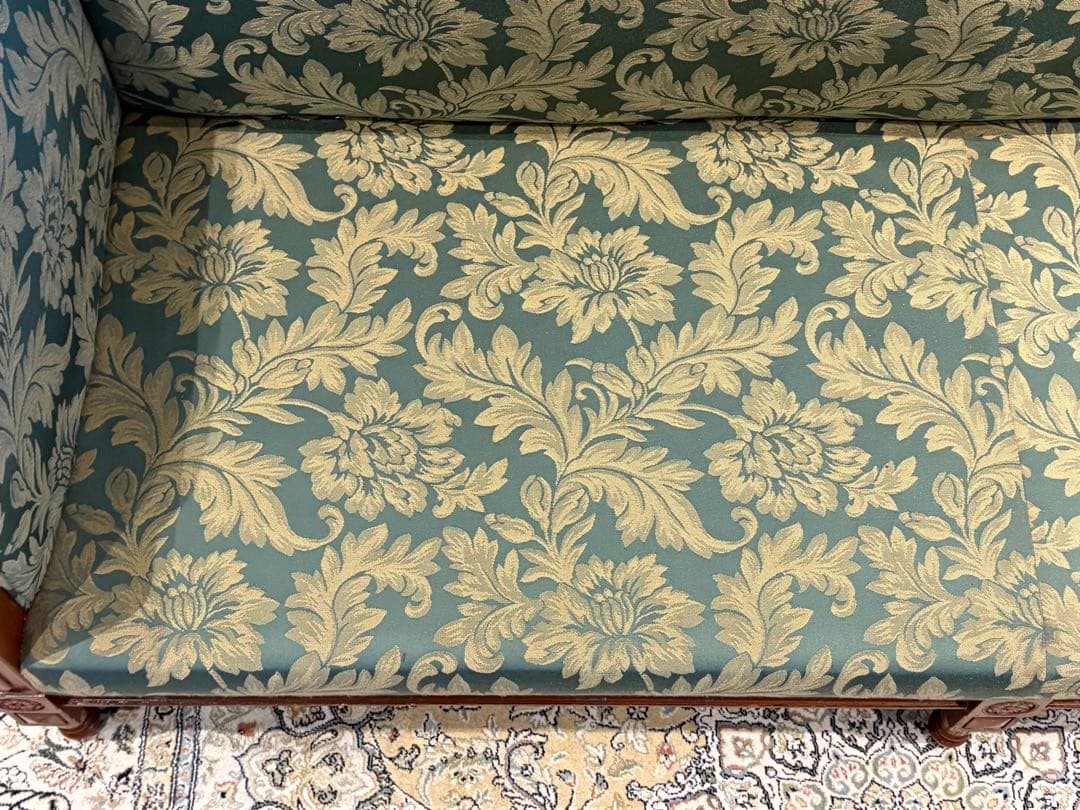 ① クラシック 3人掛けソファ 3Pソファ 花柄 グリーン ビンテージ nY