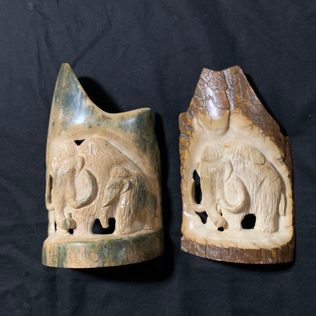マンモスの牙にマンモスの彫刻 古美術 年代物