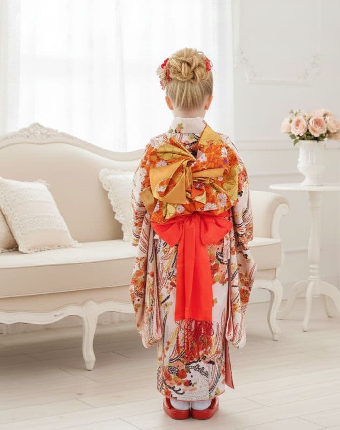 クリーム色に垂れ花が可愛い着物と作り帯セット