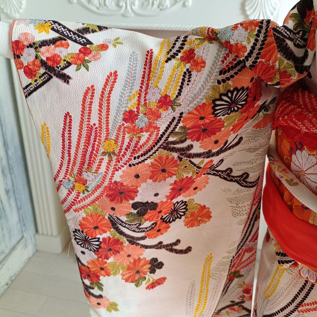 クリーム色に垂れ花が可愛い着物と作り帯セット