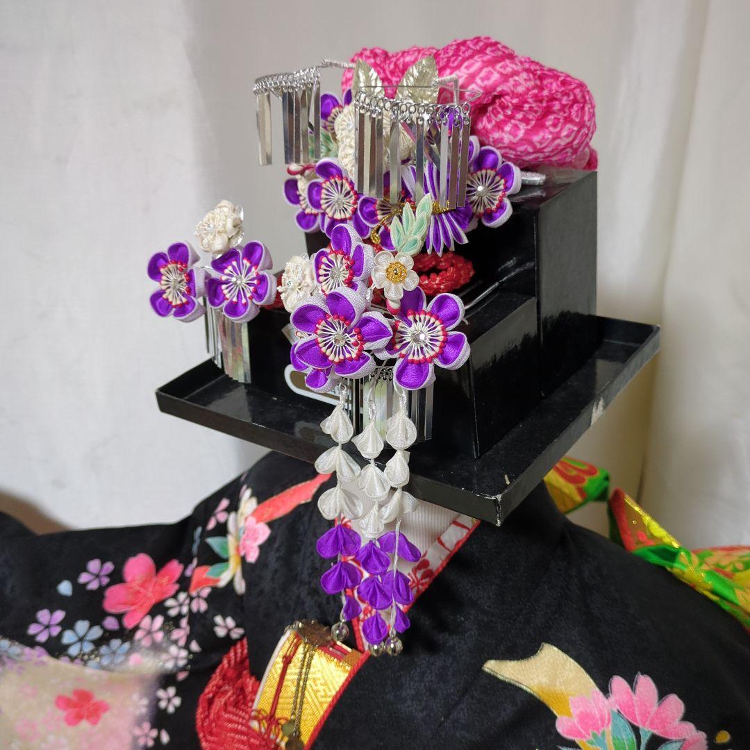 七五三７歳女の子 正絹躾付き着物と小物 フルセット　髪飾り付き