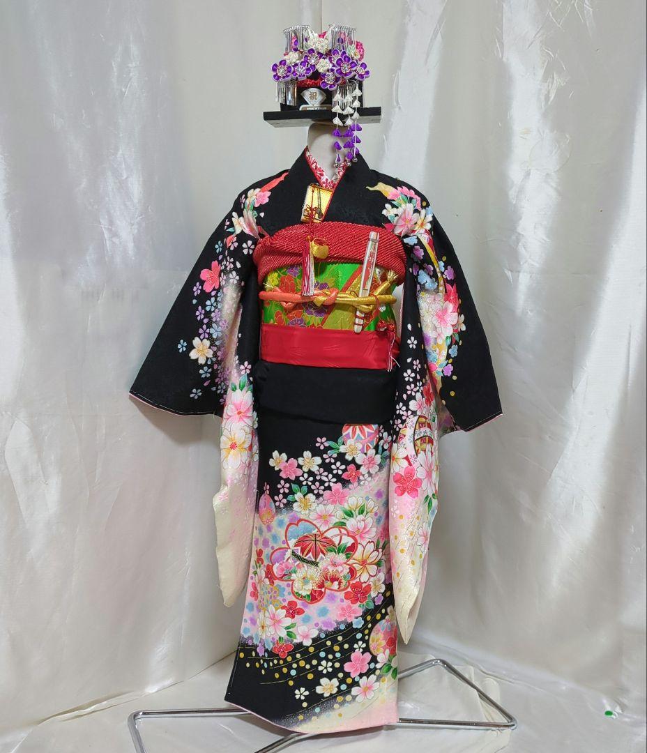 七五三７歳女の子 正絹躾付き着物と小物 フルセット　髪飾り付き