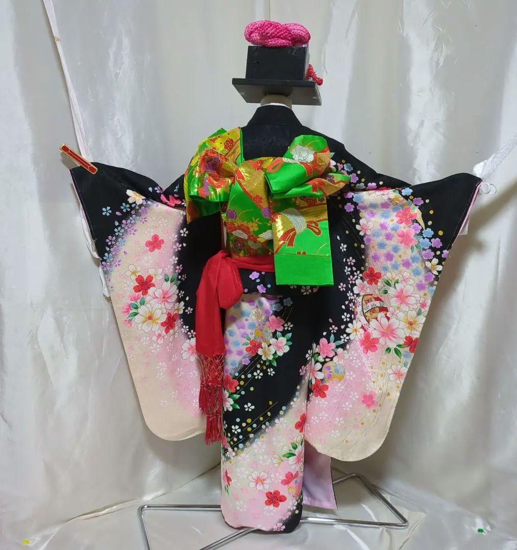 七五三７歳女の子 正絹躾付き着物と小物 フルセット　髪飾り付き