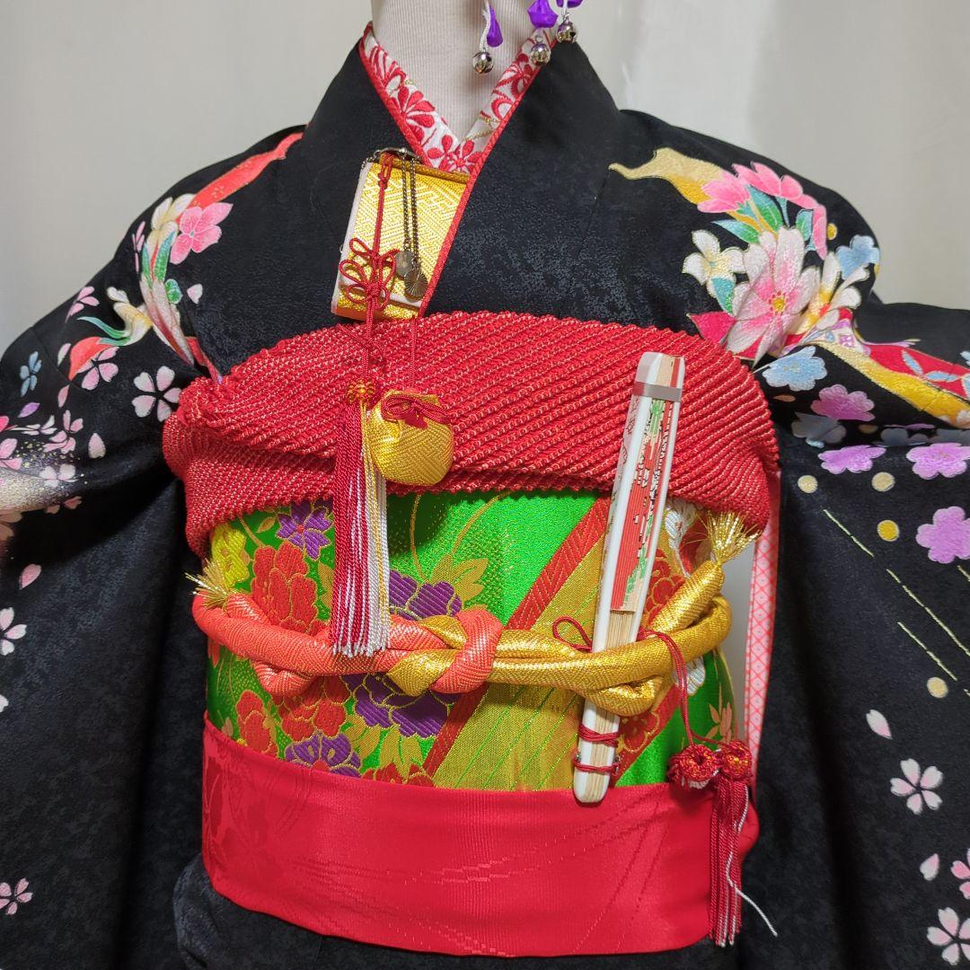 七五三７歳女の子 正絹躾付き着物と小物 フルセット　髪飾り付き